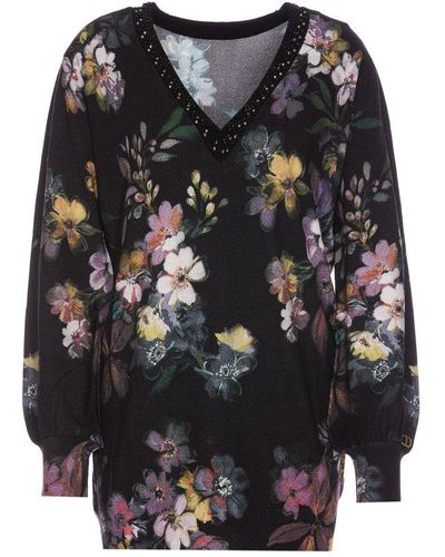 Twin Set Floral-printed V-neck Embellished Sweater - Black