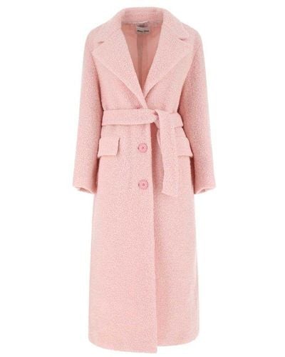 Miu Miu Single Breasted Belted Long Sleeved Coat - Pink