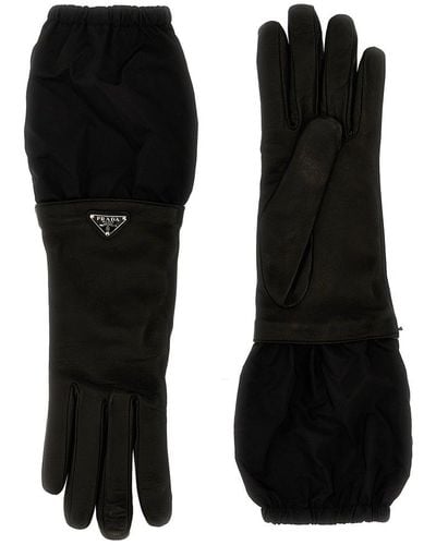 Prada Logo Nylon Leather Gloves - Black