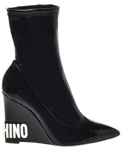 Moschino Logo Embossed Wedge Boots - Black
