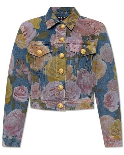 Balmain Denim Jacket With Floral Motif - Multicolour