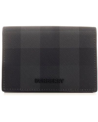 Burberry Logo Plaque Checked Bi-fold Wallet - Grey