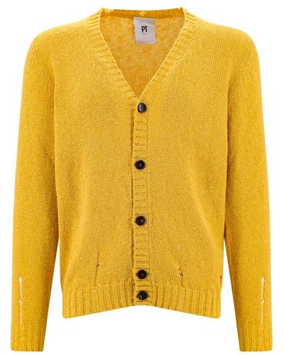 PT Torino V-neck Buttoned Knitted Distressed Cardigan - Yellow