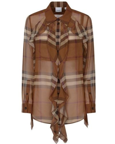 Burberry Check-printed Self-tied Sheer Chiffon Shirt - Brown