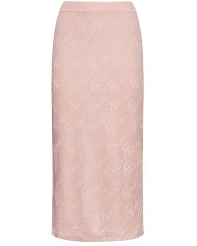 Fendi Logo Jacquard Elastic Waist Midi Skirt - Pink