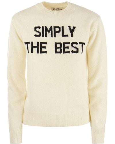 Mc2 Saint Barth Wool And Cashmere Blend Sweater With Simply The Best Embroidery - Natural