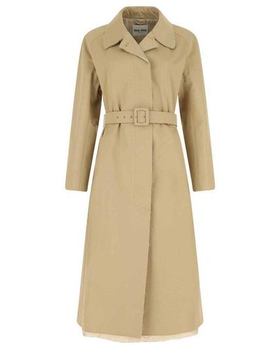 Miu Miu Belted Long-sleeved Coat - Natural