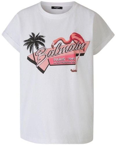 Balmain Flamingo Logo Printed T-shirt - White