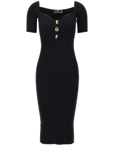 Elisabetta Franchi Logo Plaque Ribbed Midi Dress - Black