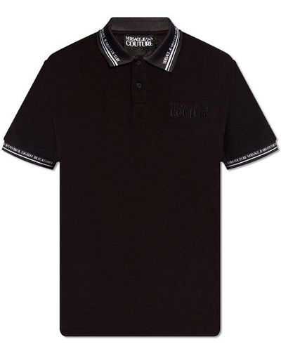 Versace Logo Embroidered Short-sleeved Polo Shirt - Black