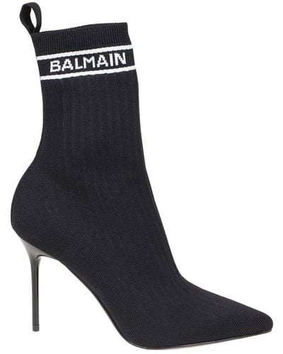 Balmain Logo Intarsia Sock Ankle Boots - Black