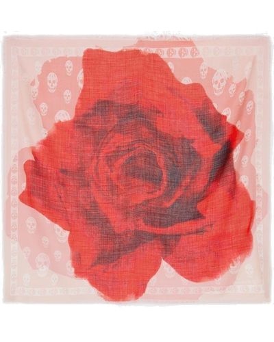 Alexander McQueen Rose Printed Frayed-edge Scarf - Red