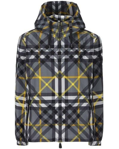 Burberry Check Printed Drawstring Hooded Jacket - Gray