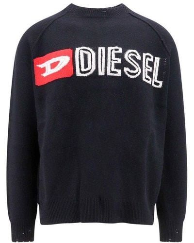 DIESEL Wool Crewneck Sweater With Cut-up Logo - Black