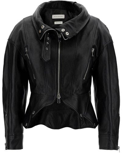 Alexander McQueen Black Biker Jacket With Zip And Cut-out In Smooth Leather