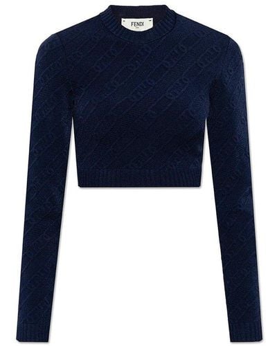 Fendi Navy Blue Cropped Sweater With Logo