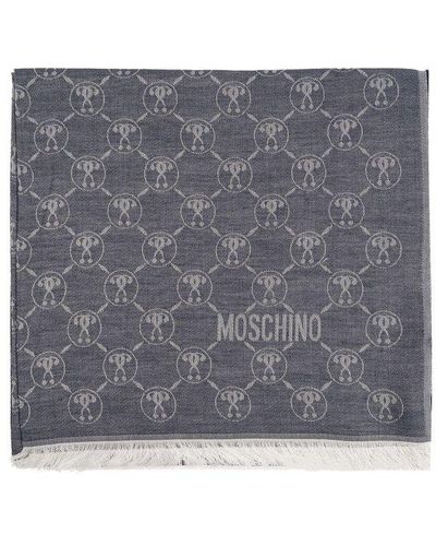 Moschino Logo Embroidered Fringed Scarf - Gray