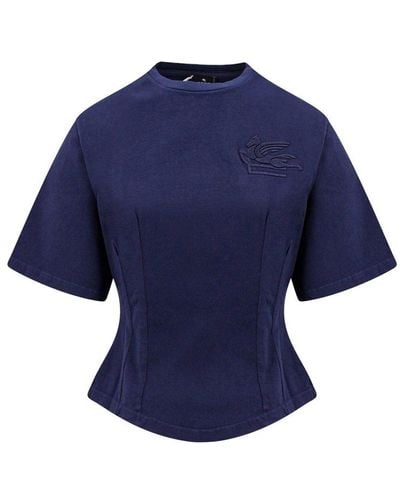 Etro Pegaso-motif Crewneck Cropped T-shirt - Blue