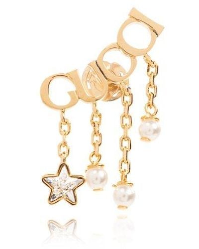 Gucci Logo-script Crystal And Pearl-embellished Gold-toned Metal Earrings - Metallic