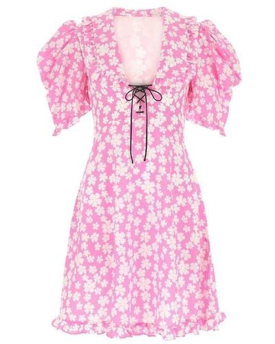 Miu Miu Tied Fastened Marocain Floral Printed Dress - Pink