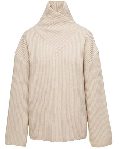Totême White Ribbed Sweater With Wrap Neck In Wool - Natural