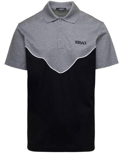 Versace Bicolor Polo With Embroidered Logo In Black And Cotton Man