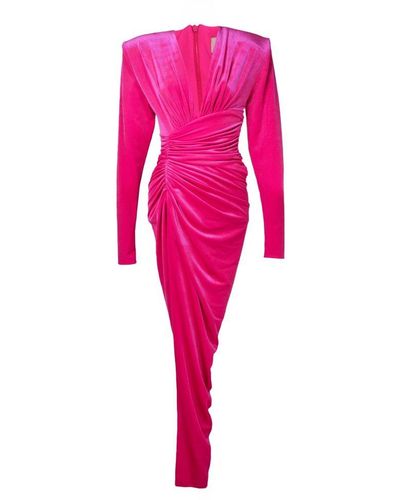 Alexandre Vauthier Ruched Long Sleeved Velvet Maxi Dress - Pink