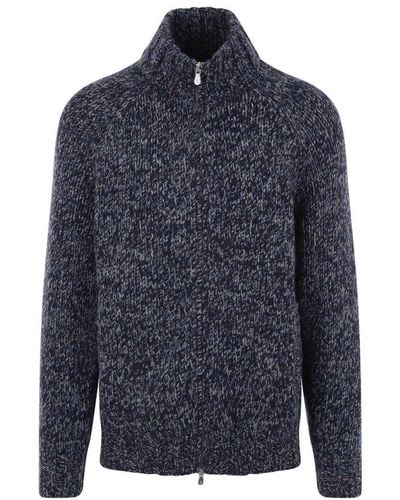 Brunello Cucinelli High Neck Zipped Knitted Sweater - Blue