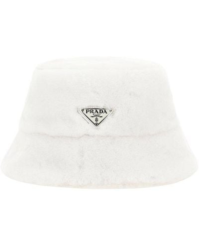Prada Triangle Logo Shearling Bucket Hat - White