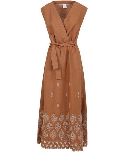 Eleventy Broderie Anglaise Belted Sleeveless Dress - Brown