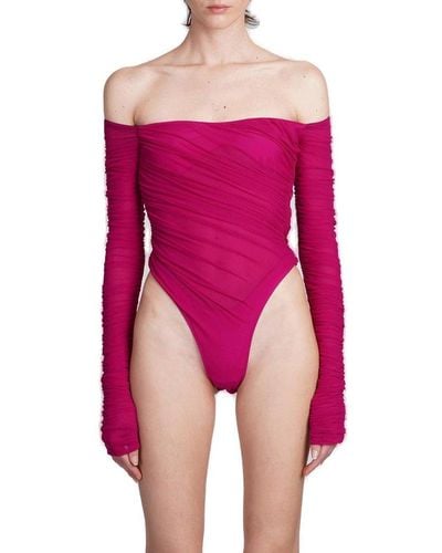 Mugler Off-shoulder Long Sleeved Ruched Mesh Bodysuit - Pink