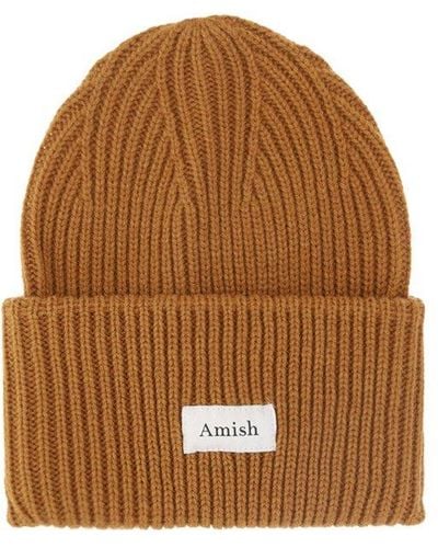 AMISH Logo Patch Knitted Beanie - Brown