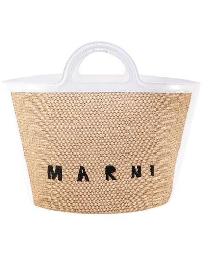 Marni Logo Detailed Top Handle Tote Bag - Natural