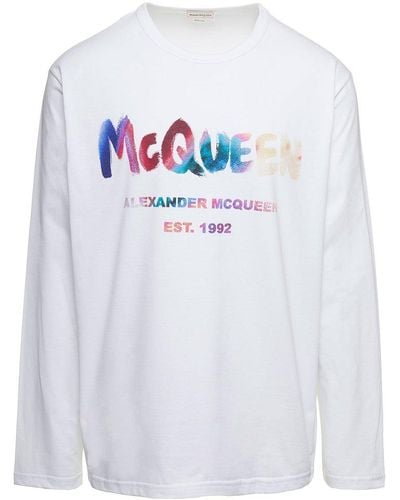 Alexander McQueen Crewneck Sweatshirt With Multicolour Graffiti Logo Print In Cotton - White