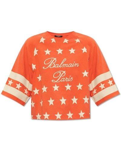 Balmain Cropped T-shirt With Logo, - Orange