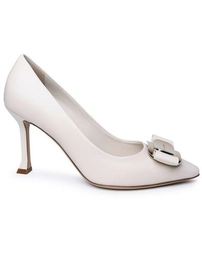 Ferragamo New Vara Plate Low Heel Court Shoes - White