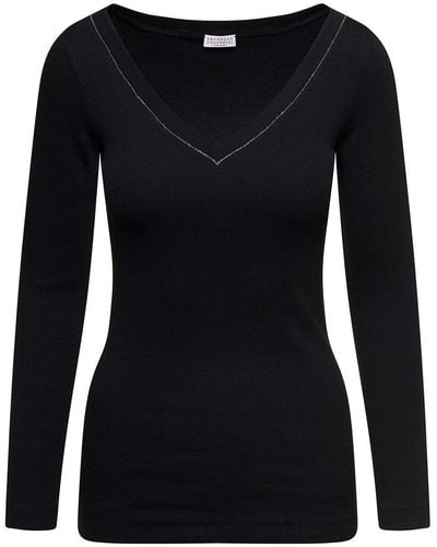 Brunello Cucinelli V-neck Pullover With Beads Detailing In Stretch Cotton Woman - Black