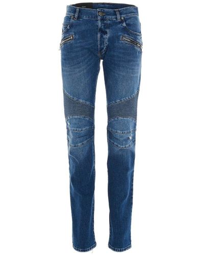 Balmain Distressed Paneled Slim-fit Jeans - Blue