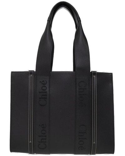 Chloé Woody Medium Leather Tote Bag - Black