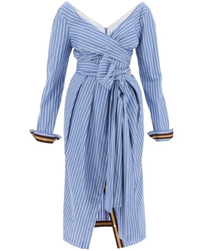 Dries Van Noten V-neck Striped Midi Dress - Blue