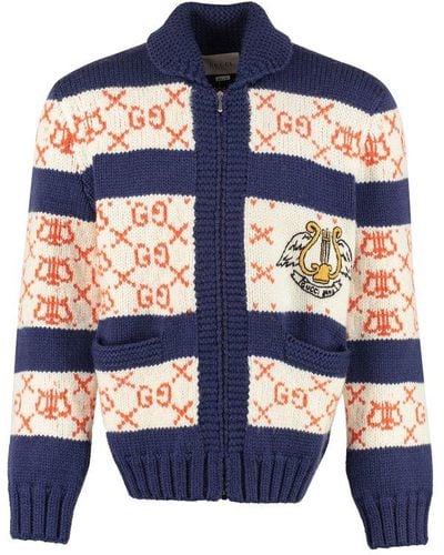 Gucci Embroidered Wool Cardigan - Blue