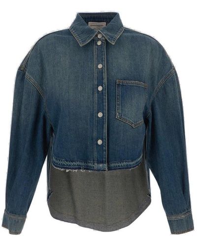 Alexander McQueen Contrasted Buttoned Denim Shirt - Blue