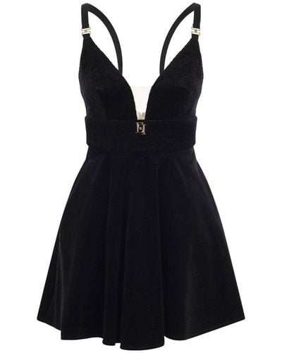 Elisabetta Franchi Mini Dress In Velvet With Cups - Black
