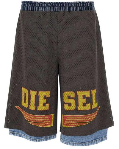 DIESEL P-ecky Mesh Denim Wide-leg Shorts - Gray