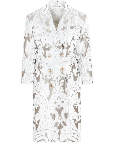 Dries Van Noten Double Breasted Floral Embroidery Coat - White