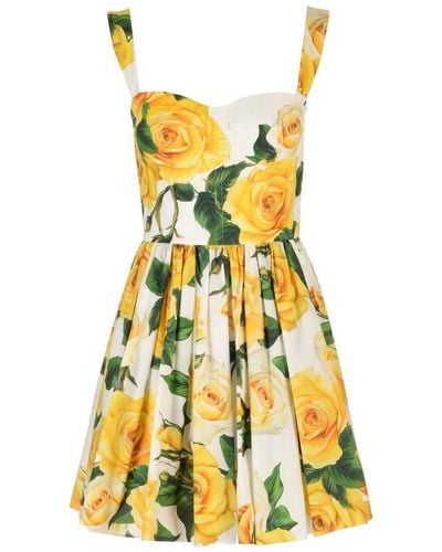 Dolce & Gabbana Rose Printed Pleated Corset Dress - Yellow