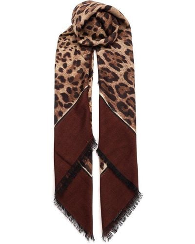 Dolce & Gabbana Leopard Printed Frayed Hem Scarf - Brown