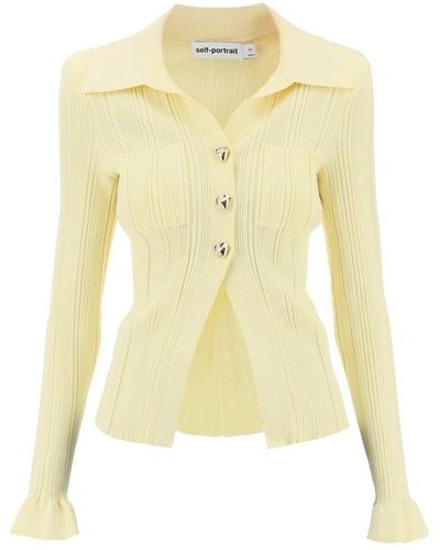 Self-Portrait Ribbed Knit Top With Long Sleeves - Yellow
