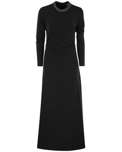 Brunello Cucinelli Crewneck Draped Dress - Black