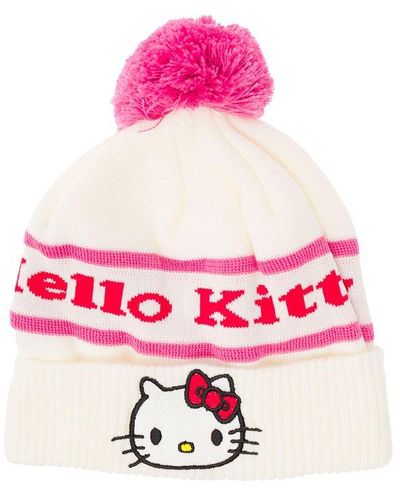 Gcds Beanie In Knitted Wool Blend With Pom Pom, Jacquard Lettering And Hello Kitty Patch Woman - Pink